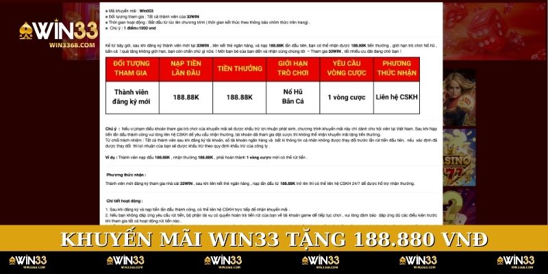 Khuyến mãi WIN33 tặng thưởng thành viên đến 188.880 VNĐ